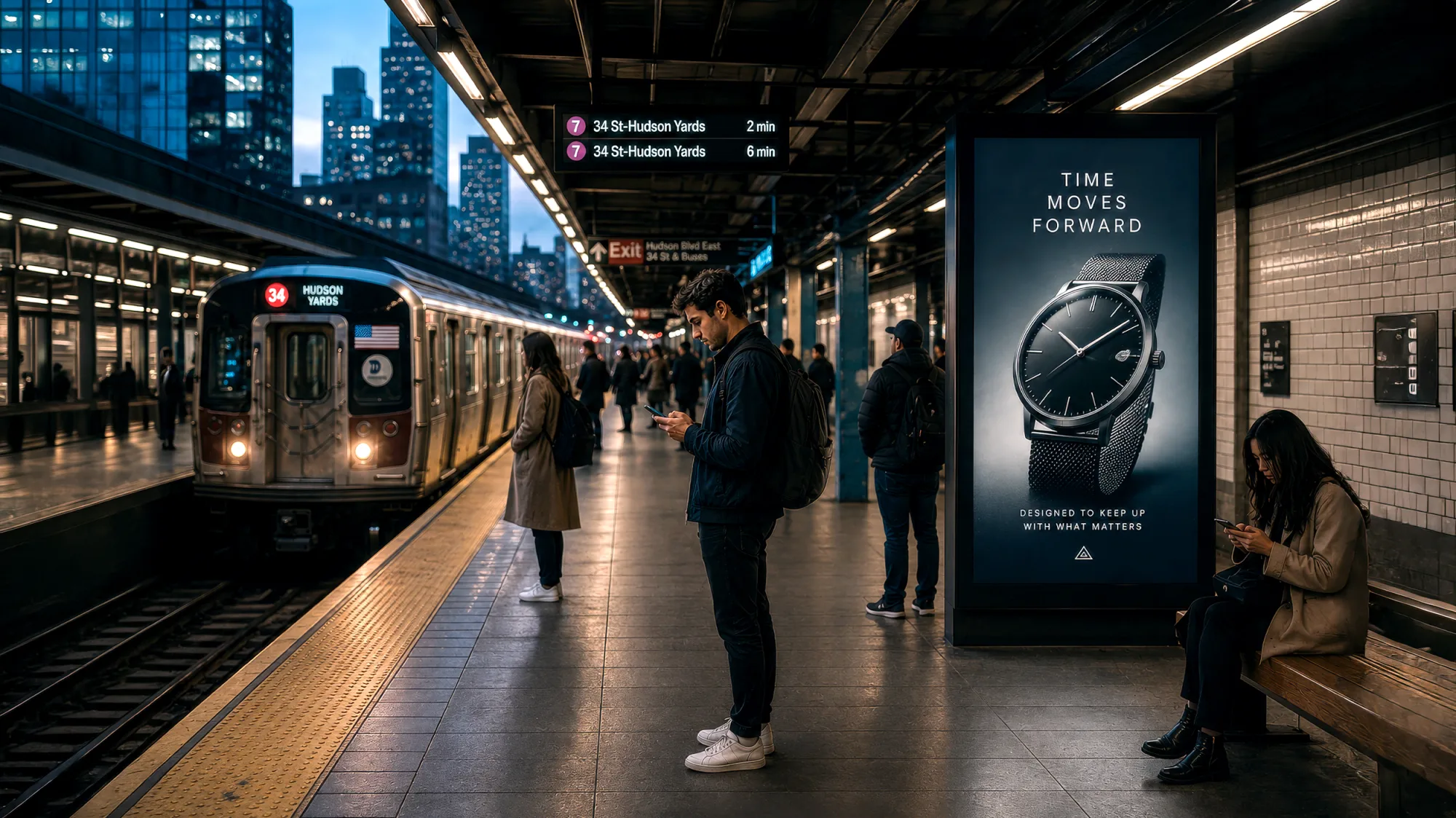 A commuter on a subway platform looking at a phone beside a lit digital advertising panel