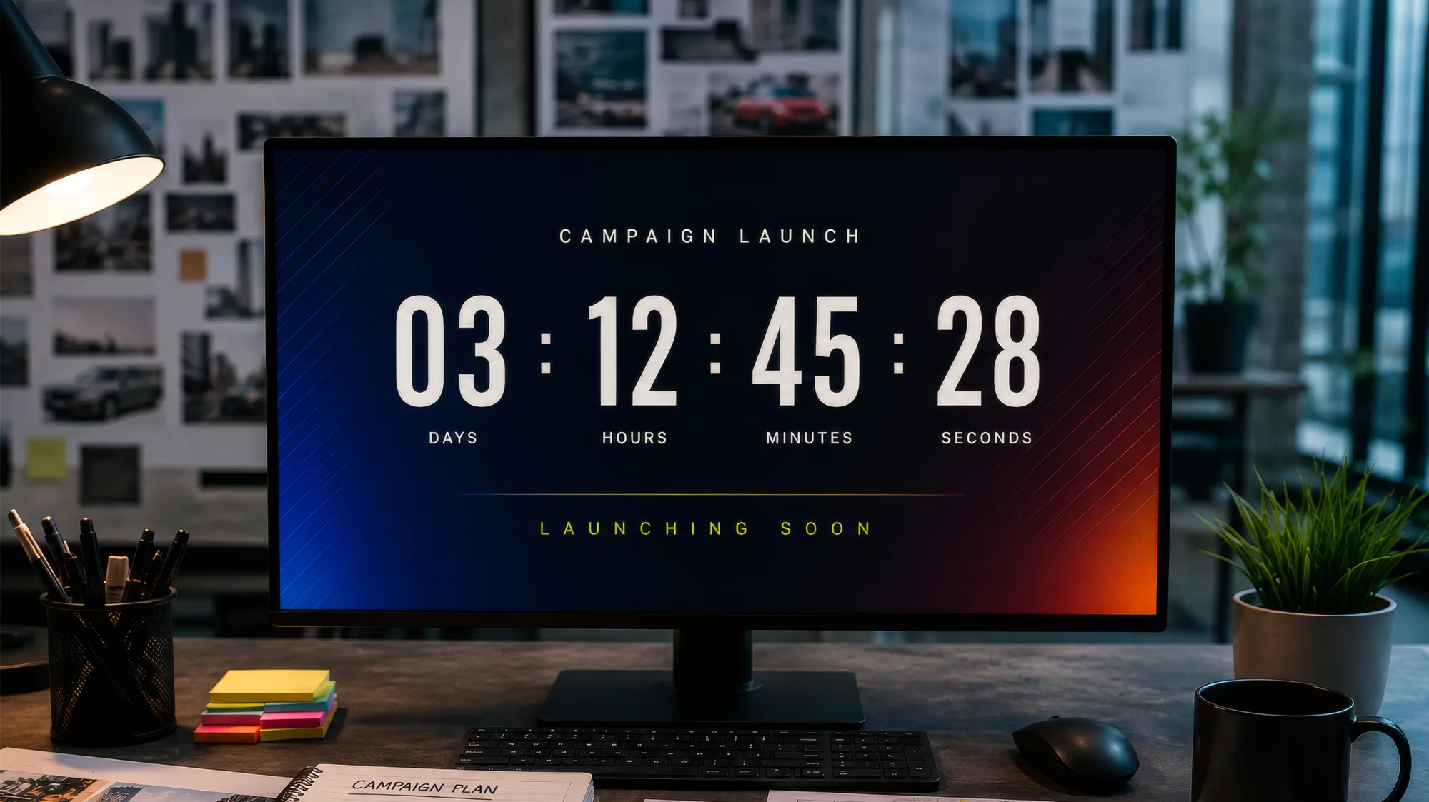 A campaign launch countdown clock on a monitor in a design studio