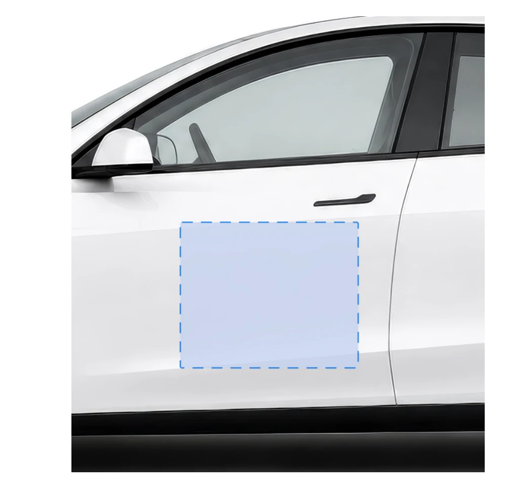 Front door of a white vehicle with the sticker's max design area outlined below the mirror