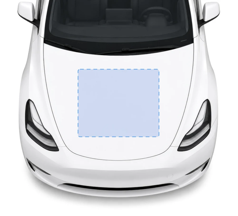 Front view of a white sedan with the hood sticker's max design area outlined on the hood