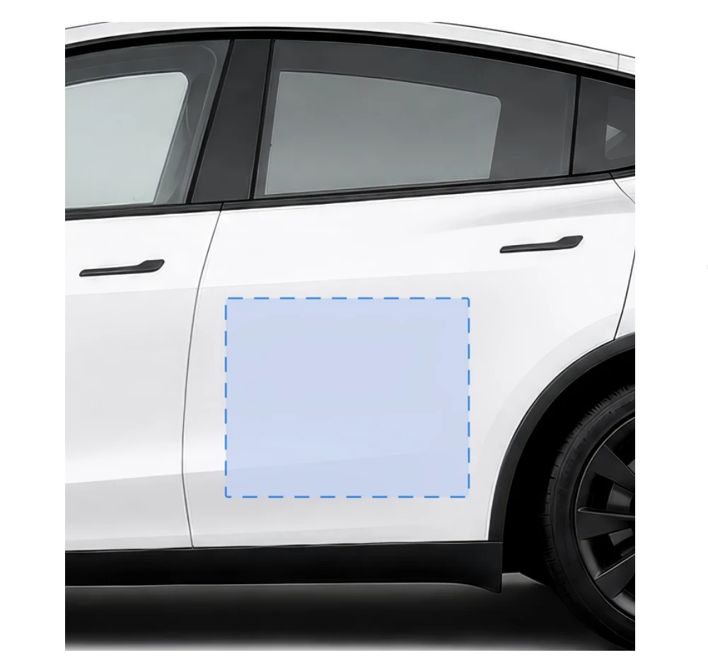 Rear door of a white vehicle with the sticker's max design area outlined ahead of the wheel