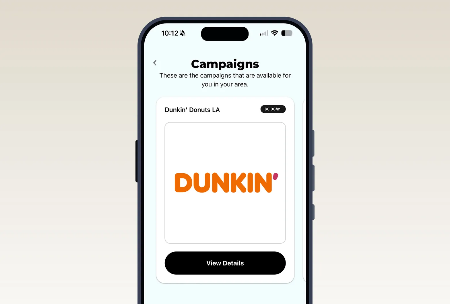 Stic app campaigns screen showing an available Dunkin' Donuts campaign with payout and a view details button