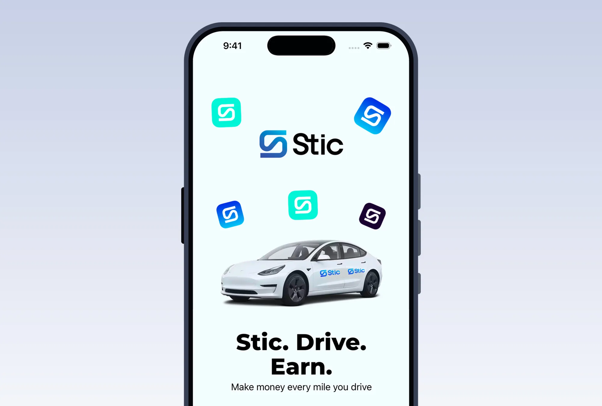 Stic app splash screen reading “Stic. Drive. Earn.” with the app icon and a wrapped car
