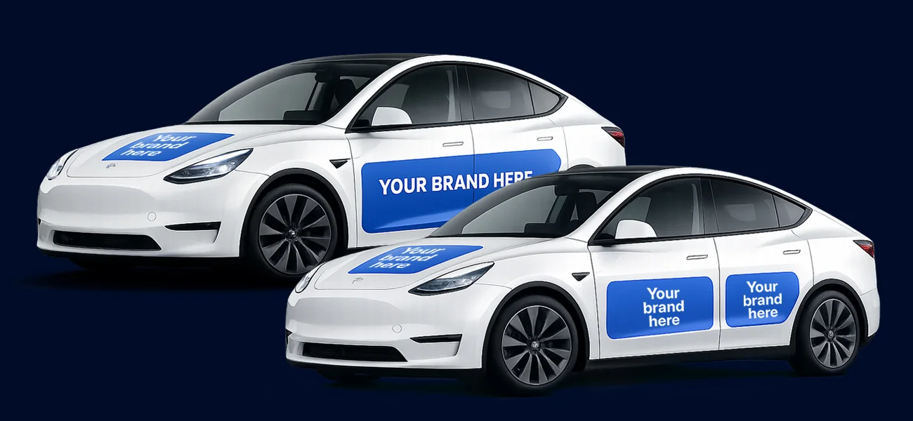 Two white campaign cars, each with hood and door placements, for full exclusive coverage
