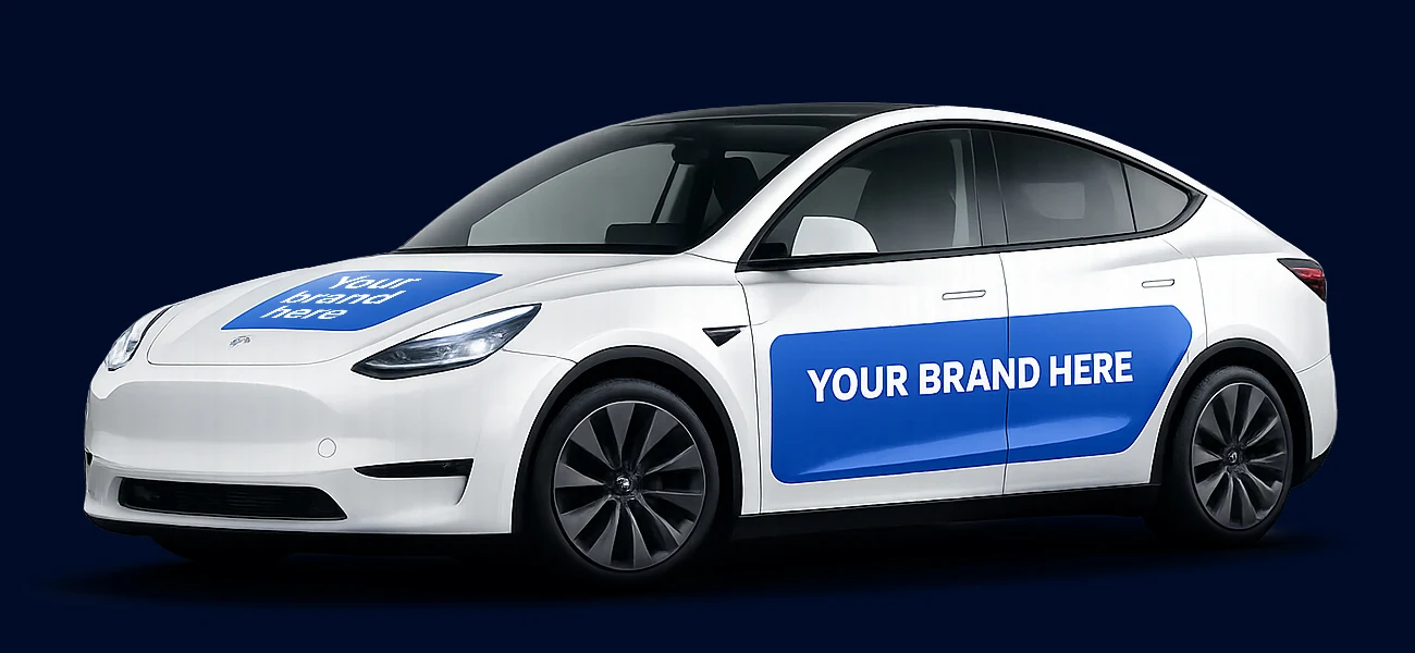 White campaign car with a hood placement and a single cross-door placement spanning both doors