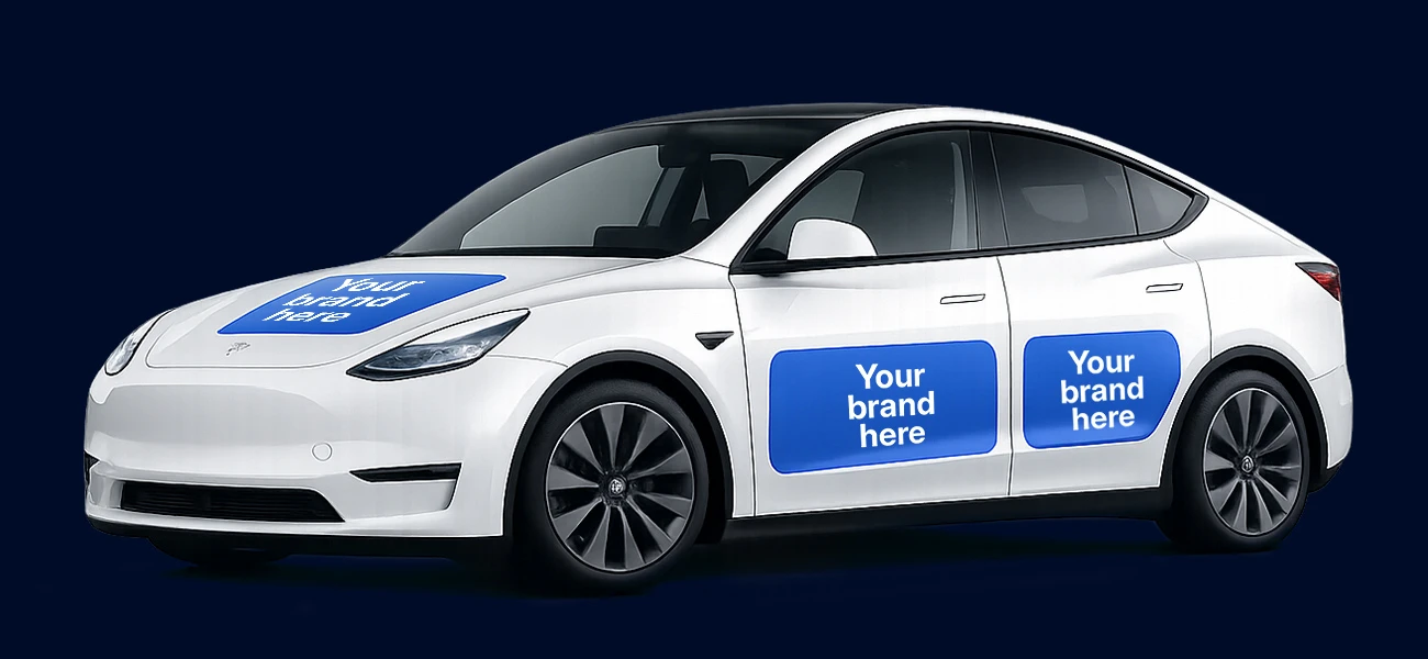 White campaign car with a hood placement and two modular door placements