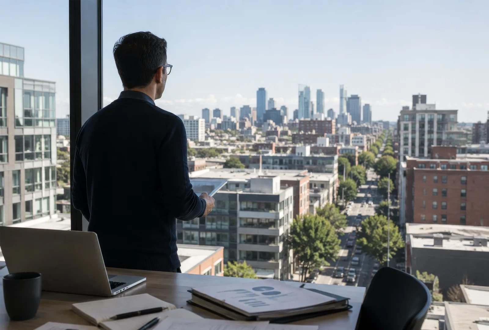 Advertiser looking out over a city skyline while reviewing a market plan